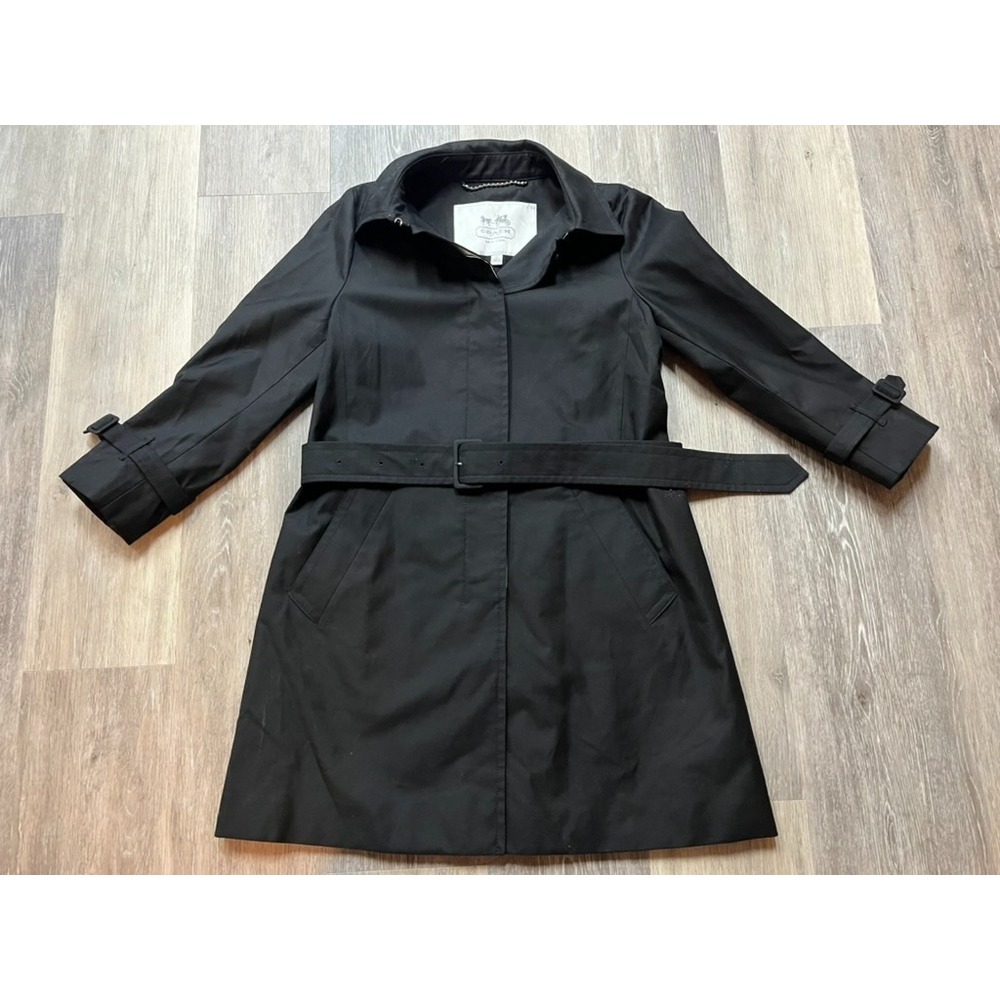 Coach Mid-Length Belted Trench Coat Weatherproof Black Jacket Size S/P